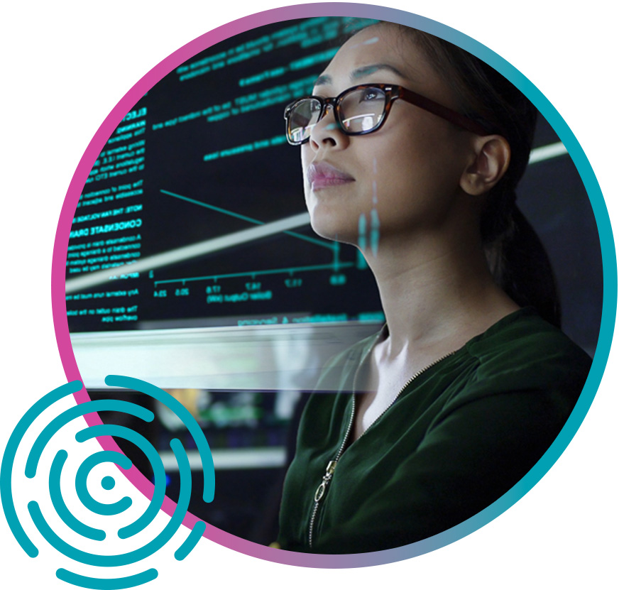 Woman looking up at data screen PI leader reviewing data from Concept ClaimPilot data mining tools to quickly identify payment gaps