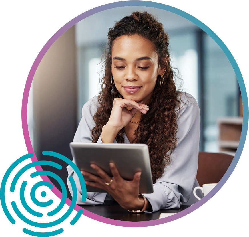 Woman looking at tablet thinking Woman using Compliance ClaimPilot on her tablet to automate & apply rules for medical claims review