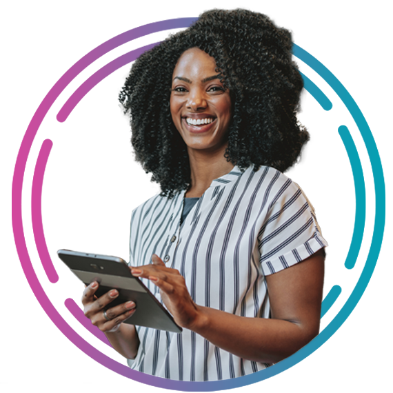 Woman smiling using tablet Healthcare payers leader using tablet to achieve better cost containment in healthcare