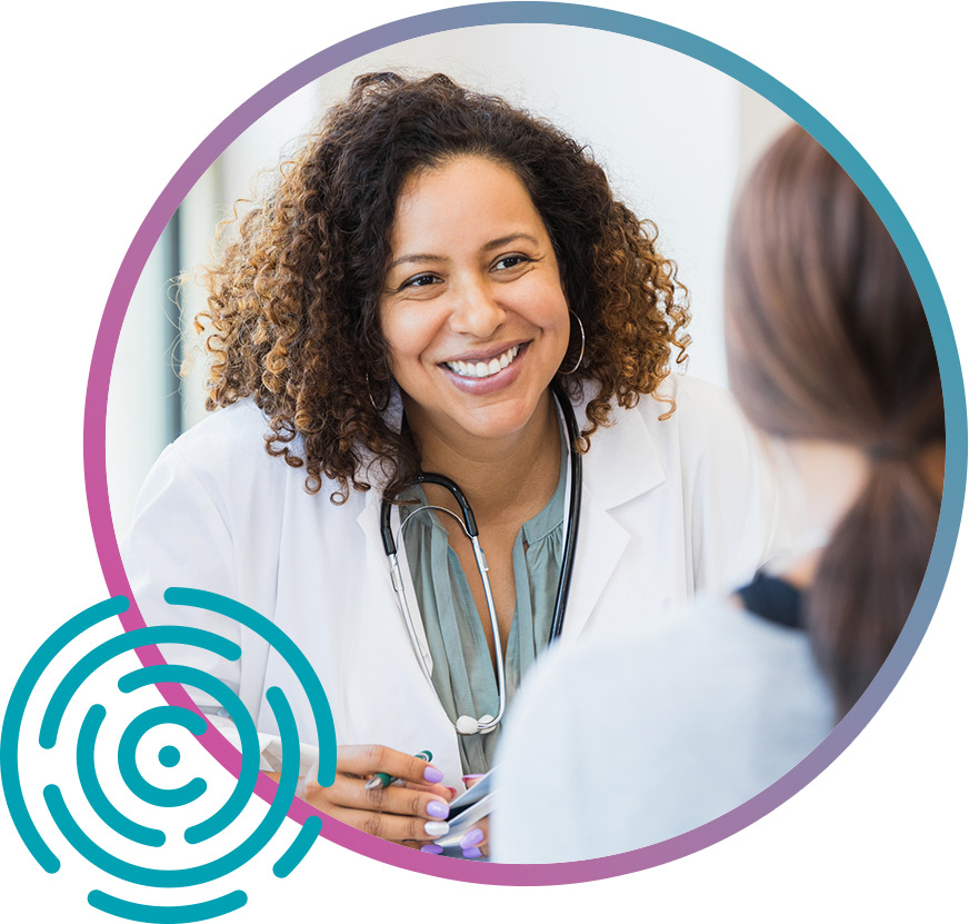 Smiling female provider Happy clinician feeling less provider abrasion through Provider Scope-enabled provider education