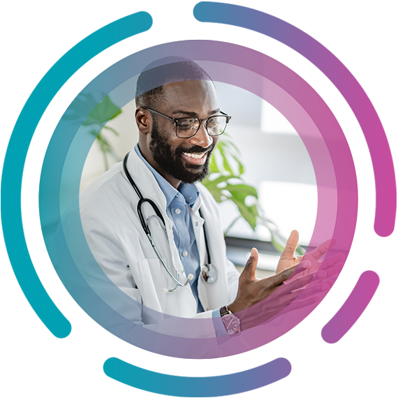 Clinician smiling explaining with hands Clinician explaining provider compliance and provider reimbursement for medical coding accuracy