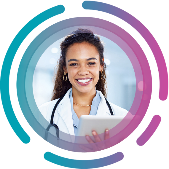 Female provider with tablet smiling Clinical provider using tablet to do a medical record review to ensure payment accuracy